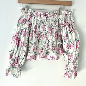 White Floral Ruched Cropped Top